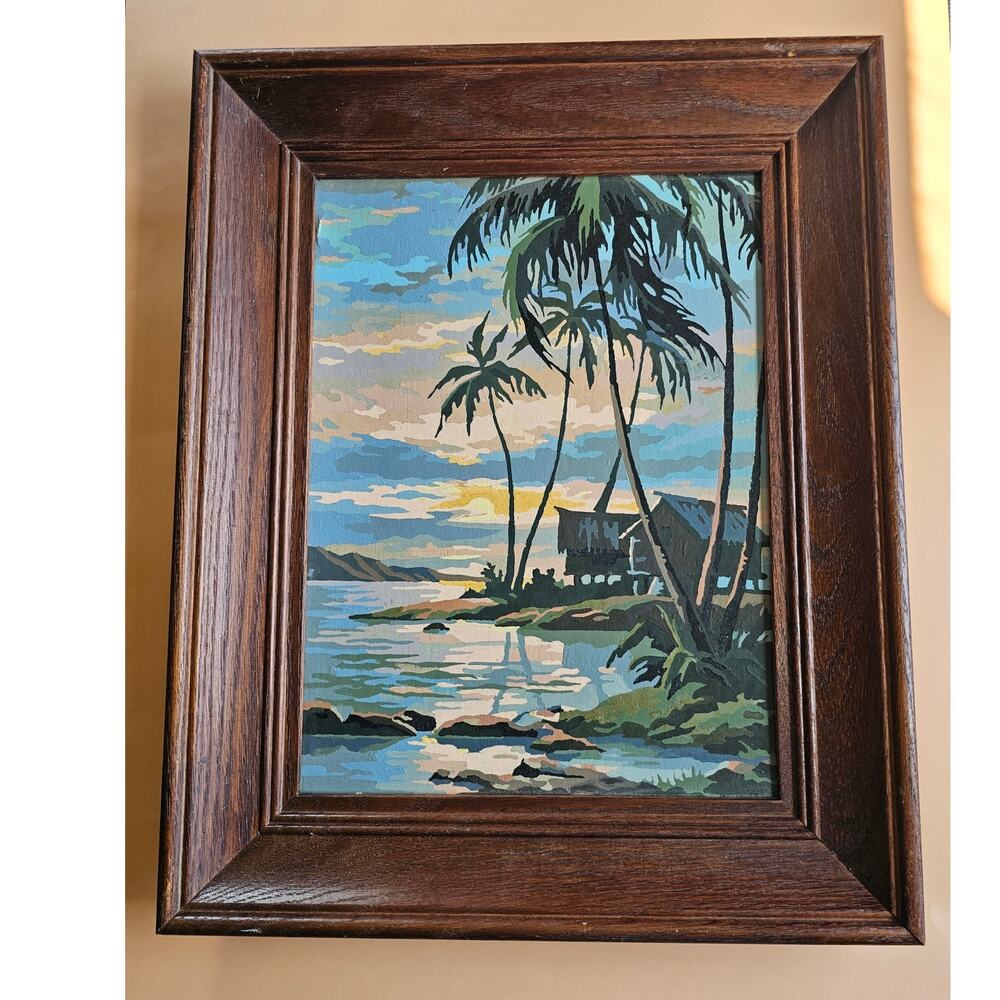 Vtg Mid Century 50s Paint By Number Tropical Sunset Painting Retro Tiki Framed